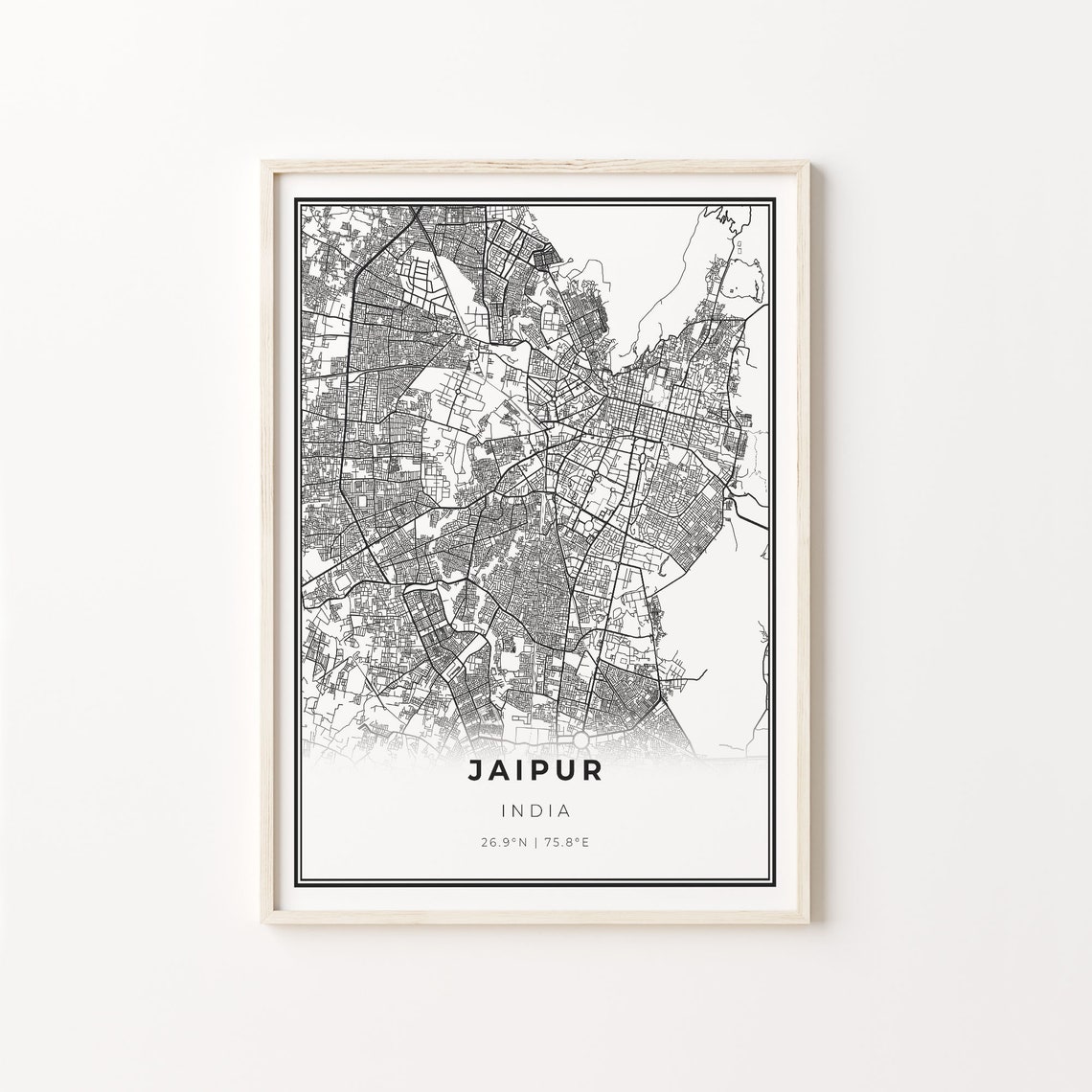 Jaipur India Black White Minimalist City Street Map Art Poster