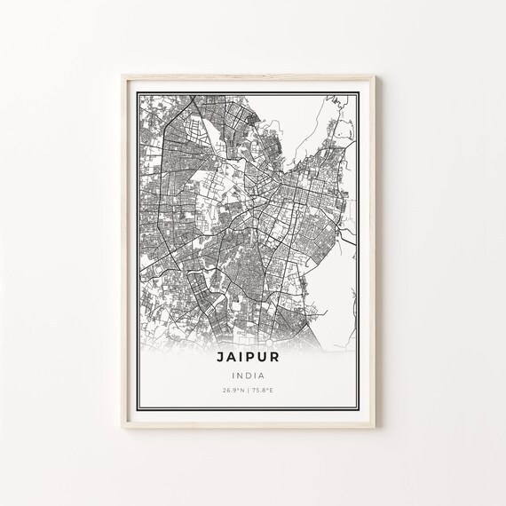 Jaipur India Black White Minimalist City Street Map Art Poster