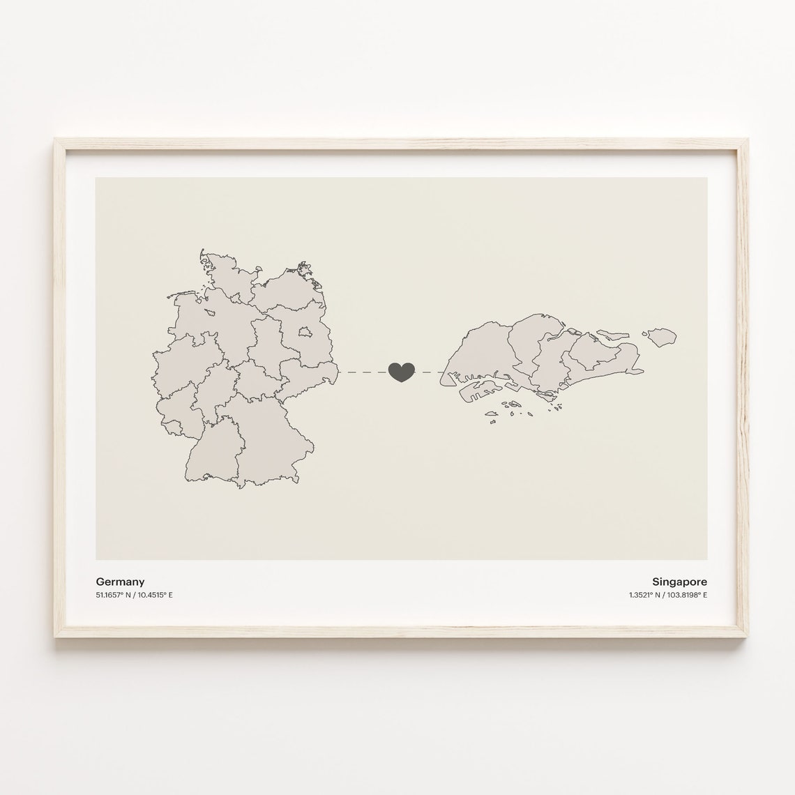 Germany To Singapore Soft Beige Heart Connection Minimalist Map Poster