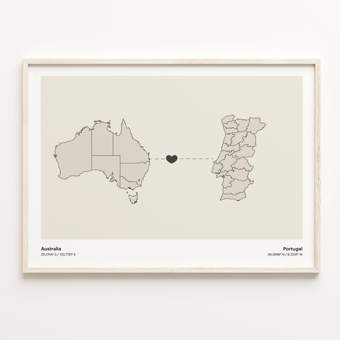 Australia and Portugal Minimalist Long Distance Heart Map Connection Poster