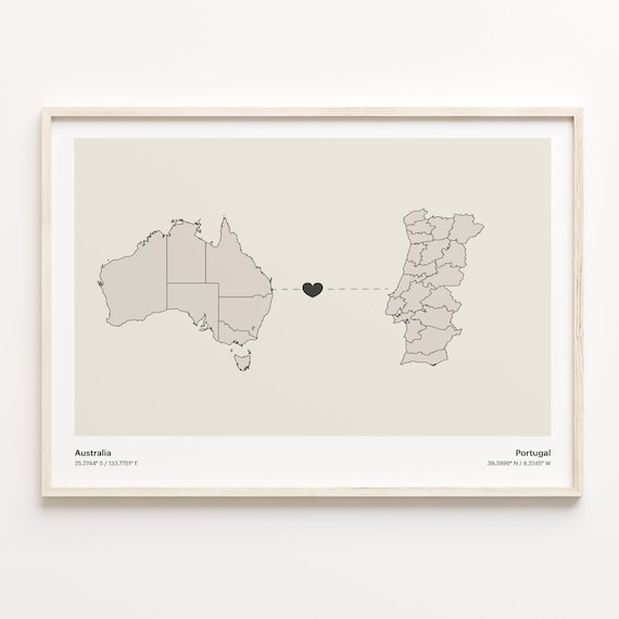 Australia and Portugal Minimalist Long Distance Heart Map Connection Poster