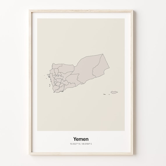 Yemen Country Map Beige Line Outline Minimalist Coordinates Poster