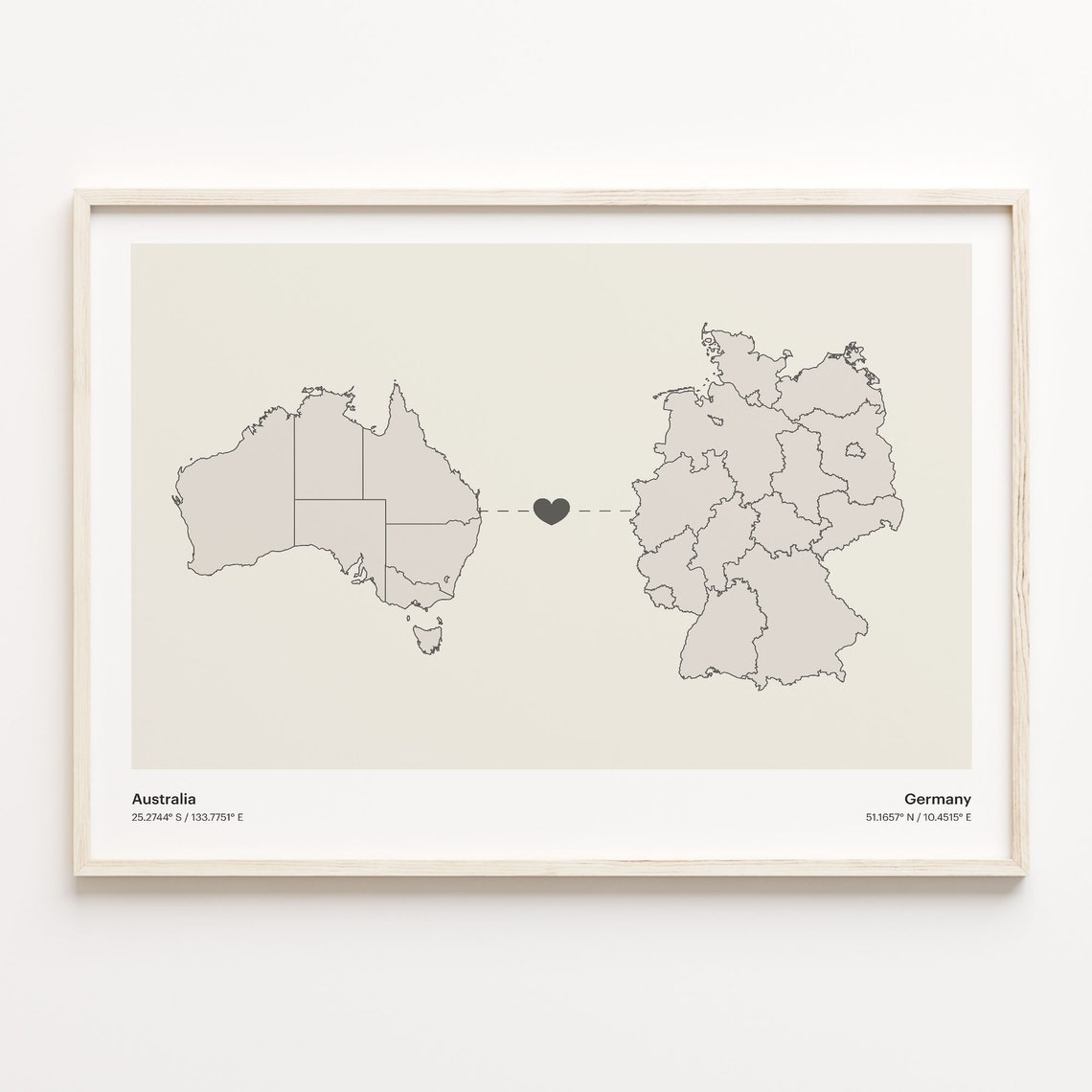 Australia To Germany Minimalist Map Heart Connection Gift Poster