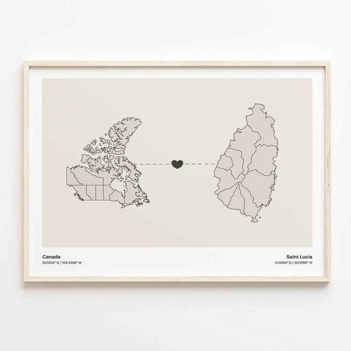 Canada Saint Lucia Long Distance Heart Connection Map Poster