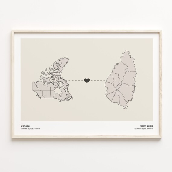 Canada Saint Lucia Long Distance Heart Connection Map Poster