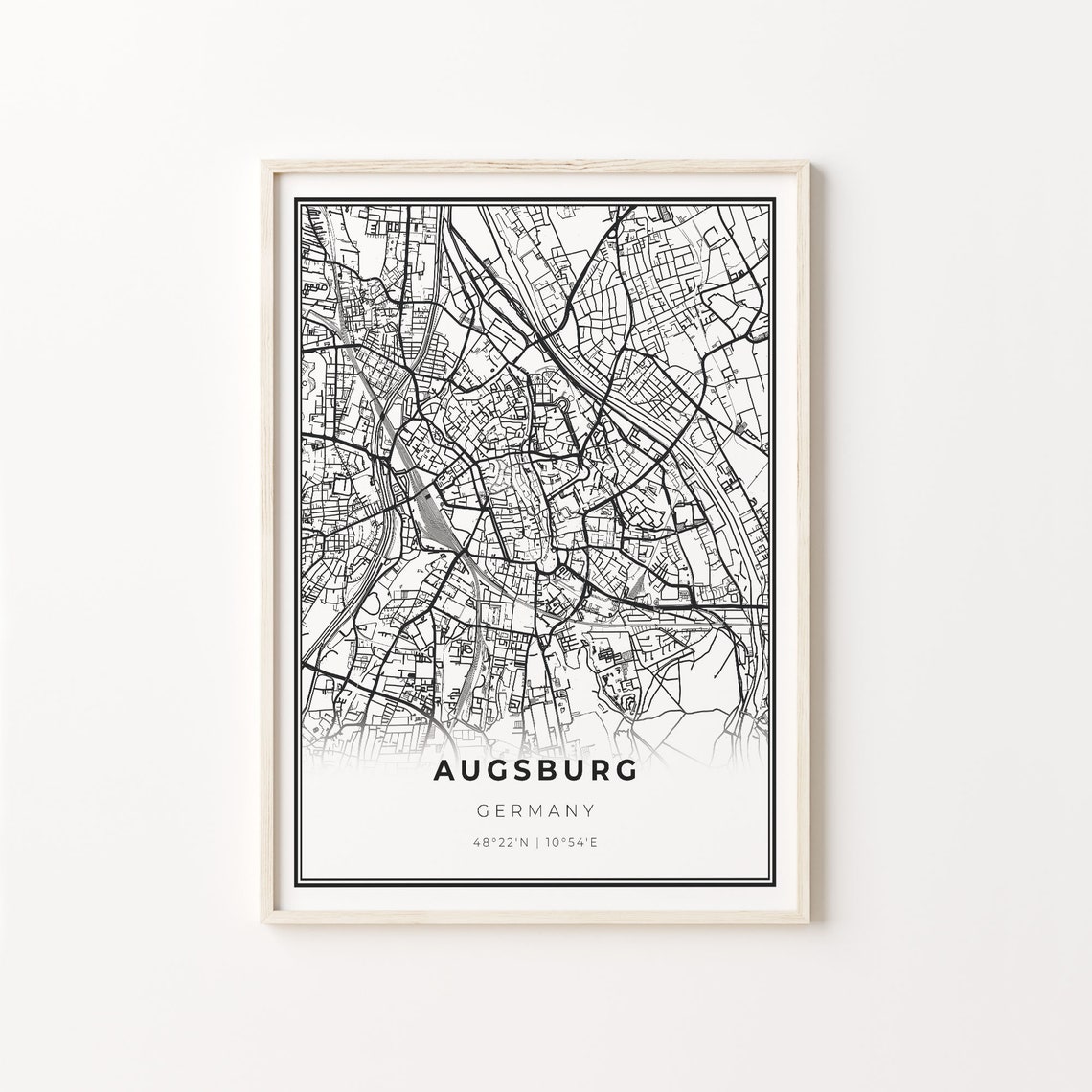 Augsburg Germany Modern Black And White Street Map Coordinates Poster