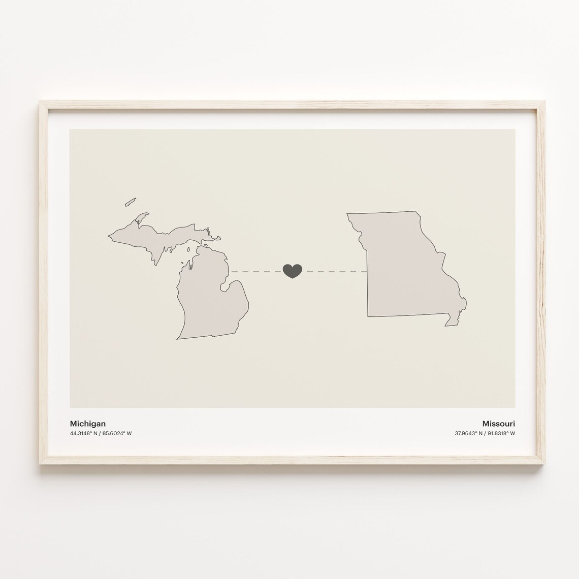 Michigan to Missouri Minimalist Long Distance Connection Map Poster