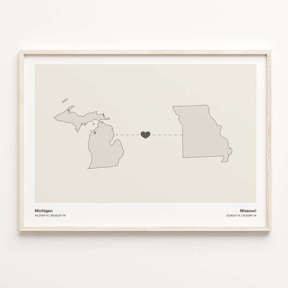 Michigan to Missouri Minimalist Long Distance Connection Map Poster