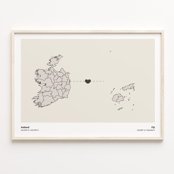 Ireland and Fiji Long Distance Heart Connection Map Wall Art