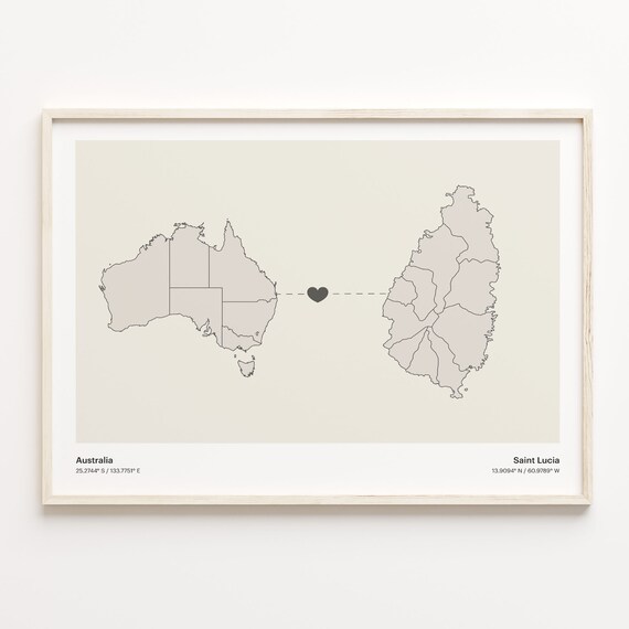 Australia Saint Lucia Long Distance Heart Map Minimalist Love Print