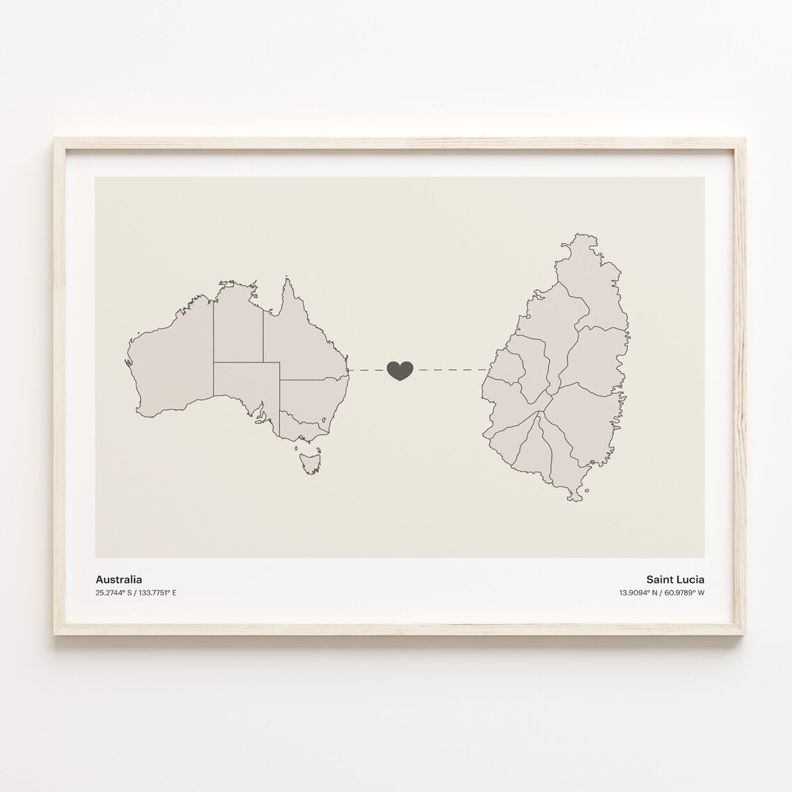 Australia Saint Lucia Long Distance Heart Map Minimalist Love Print