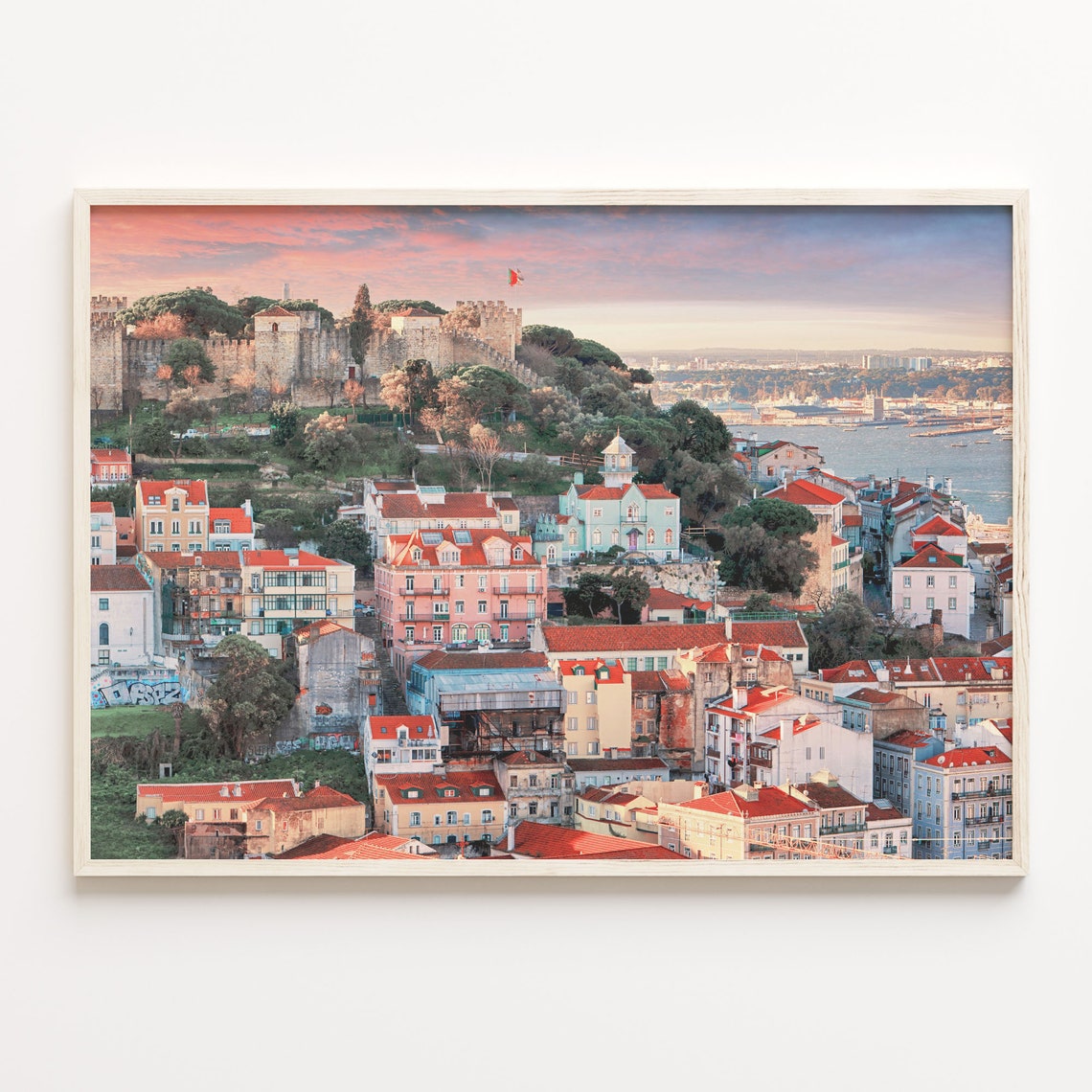 Lisbon Portugal Castle Hill Sunset Over Rooftops Photography Poster