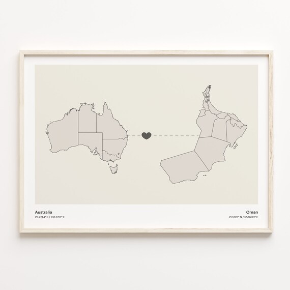 Australia and Oman Long Distance Love Country Connection Map Poster