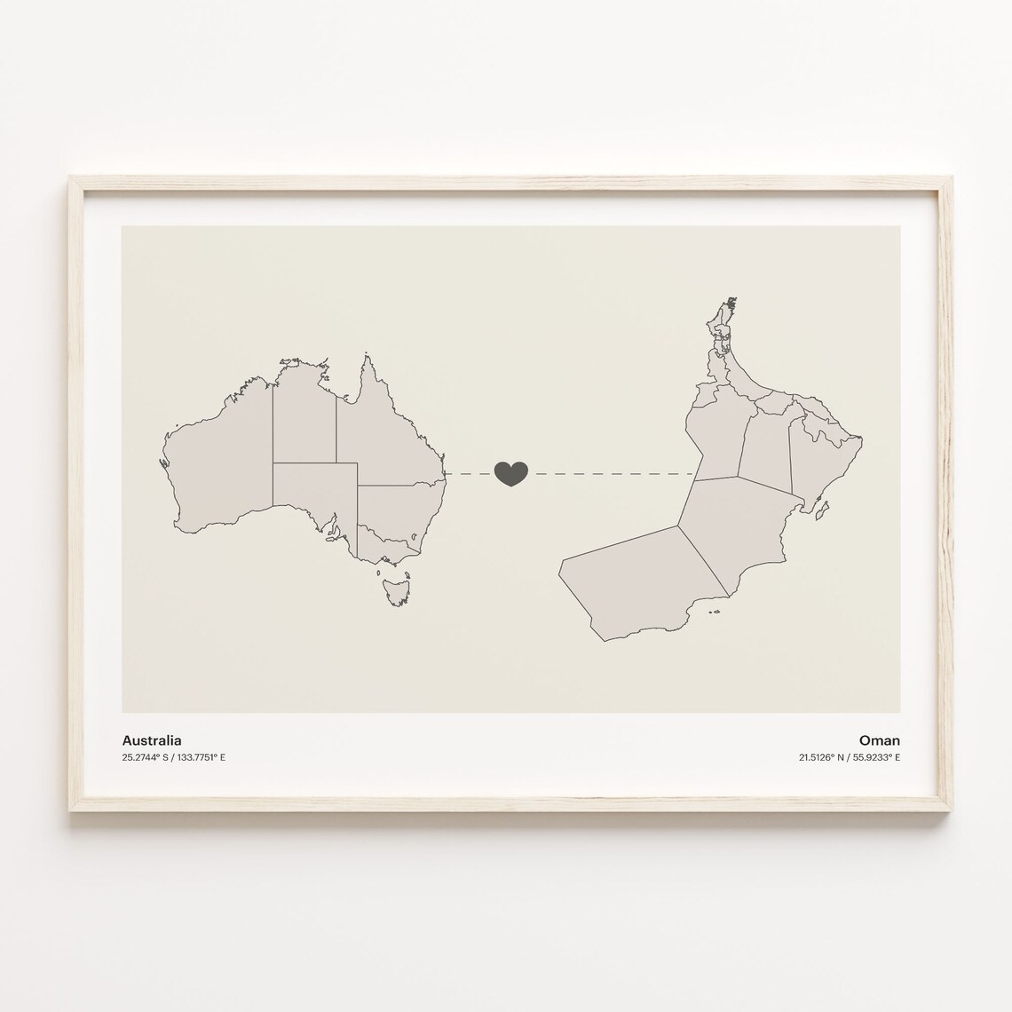 Australia and Oman Long Distance Love Country Connection Map Poster