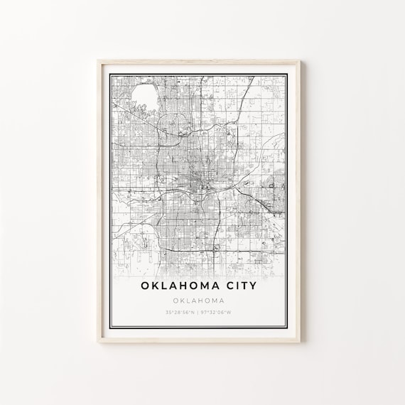 Oklahoma City Oklahoma Modern Minimalist Black White Street Map Poster