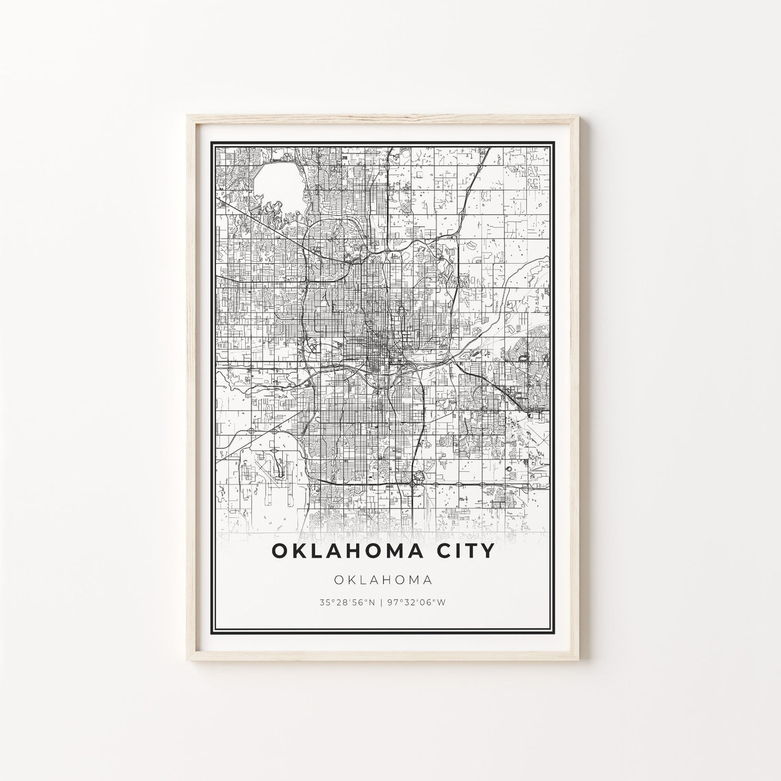 Oklahoma City Oklahoma Modern Minimalist Black White Street Map Poster