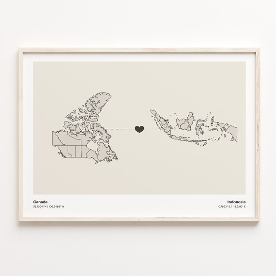 Canada Indonesia Heart Connection Map Minimalist Long Distance Gift Poster