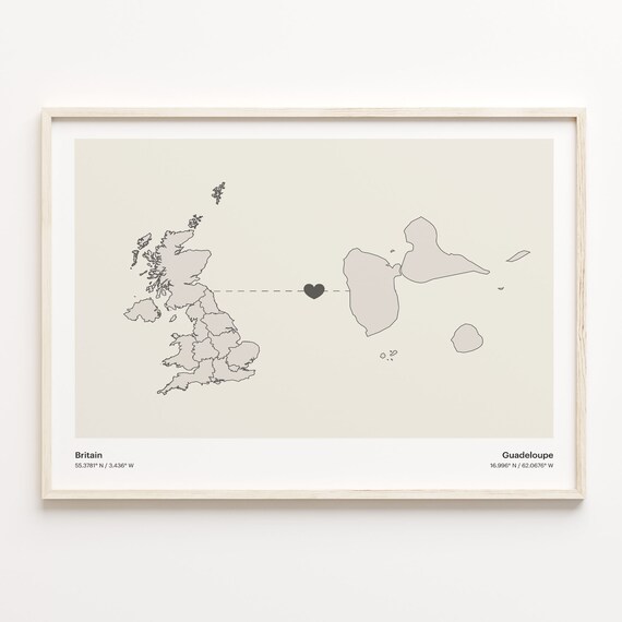 Britain Guadeloupe Heart Connection Long Distance Love Map Poster