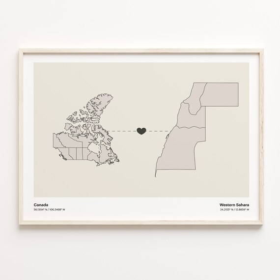 Canada to Western Sahara Minimalist Heart Connection Map Poster