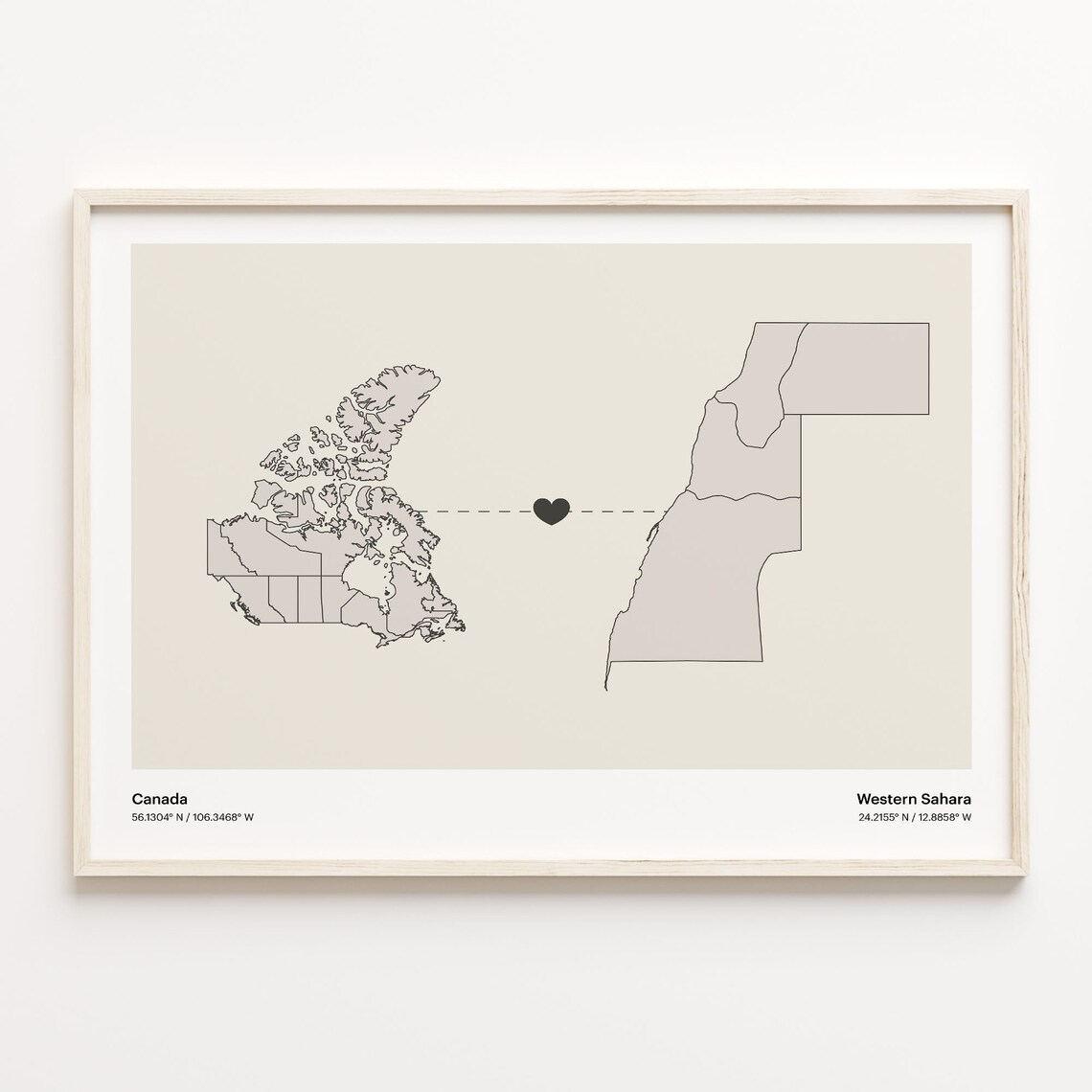 Canada to Western Sahara Minimalist Heart Connection Map Poster
