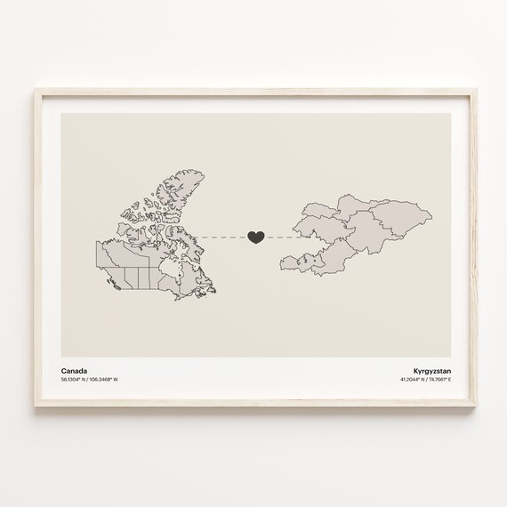 Canada To Kyrgyzstan Minimalist Love Connection Map Travel Poster