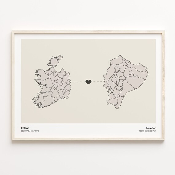 Ireland Ecuador Beige Minimalist Heart Connection Map Poster