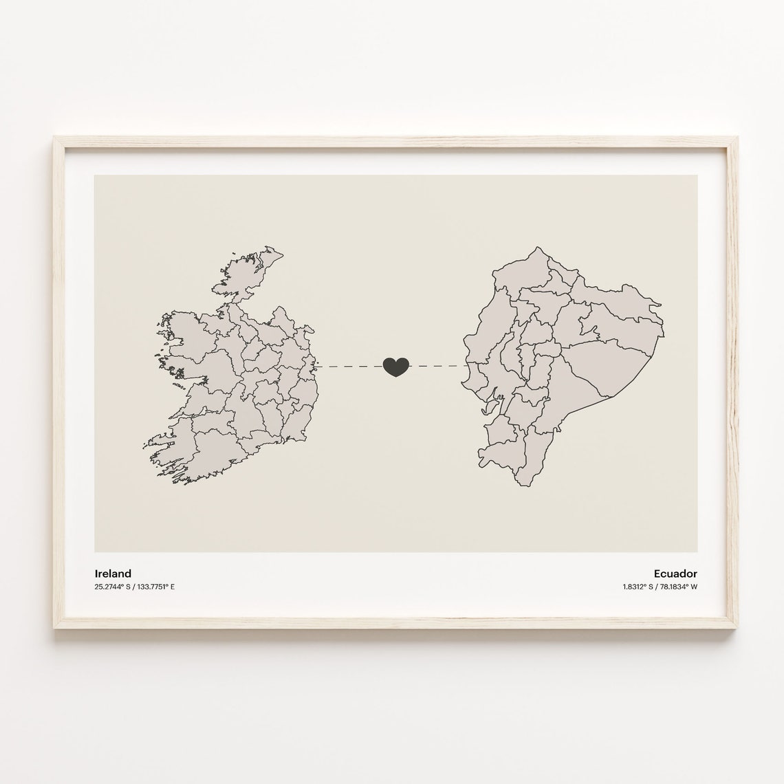 Ireland Ecuador Beige Minimalist Heart Connection Map Poster
