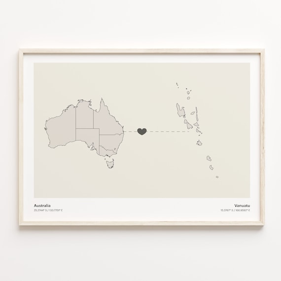 Australia To Vanuatu Long Distance Heart Map Couple Gift Poster