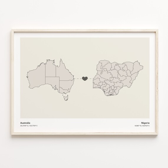 Australia To Nigeria Long Distance Heart Map Couple Gift Poster