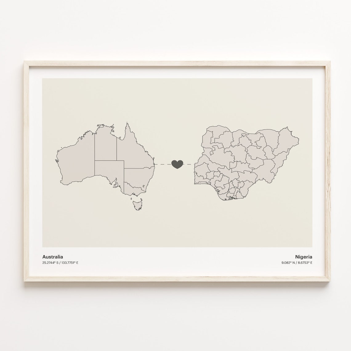 Australia To Nigeria Long Distance Heart Map Couple Gift Poster