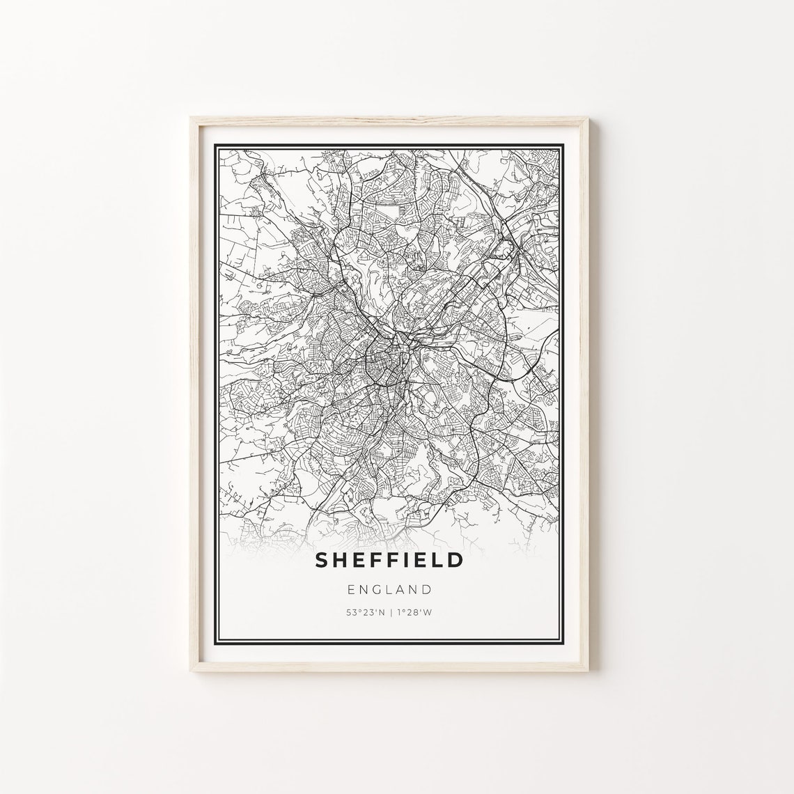 Sheffield England Modern Minimalist Black and White City Map Poster