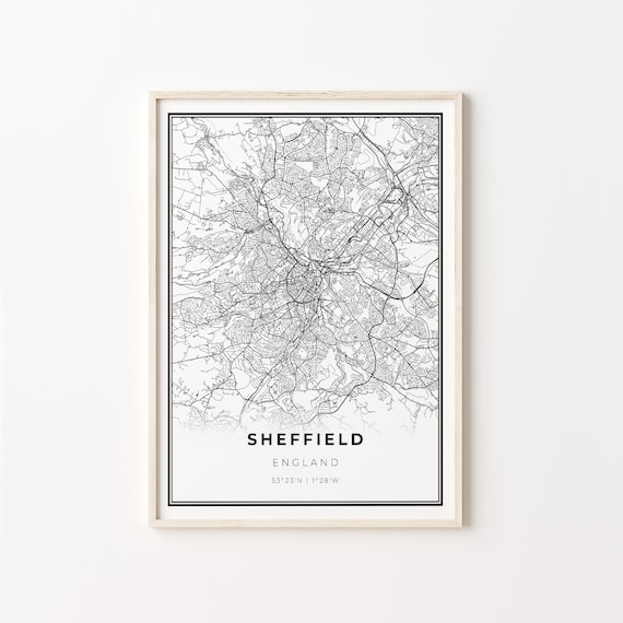 Sheffield England Modern Minimalist Black and White City Map Poster