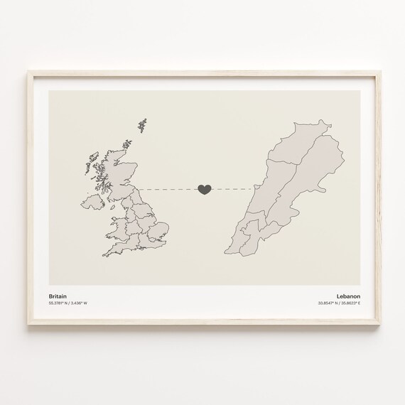 Britain Lebanon Long Distance Heart Connection Map Gift Poster