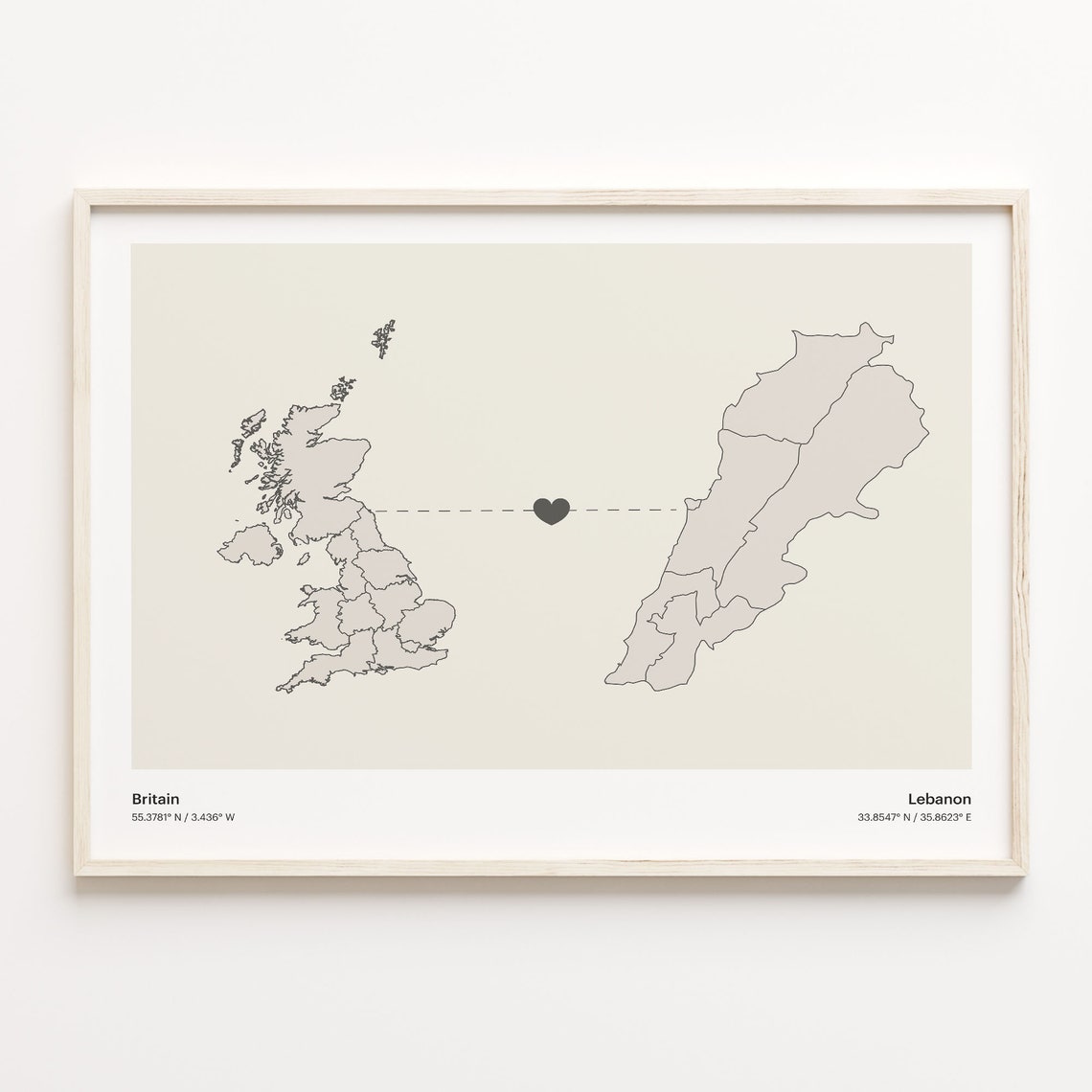Britain Lebanon Long Distance Heart Connection Map Gift Poster
