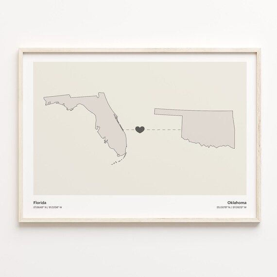 Florida To Oklahoma Long Distance Heart Map Couple Gift Poster
