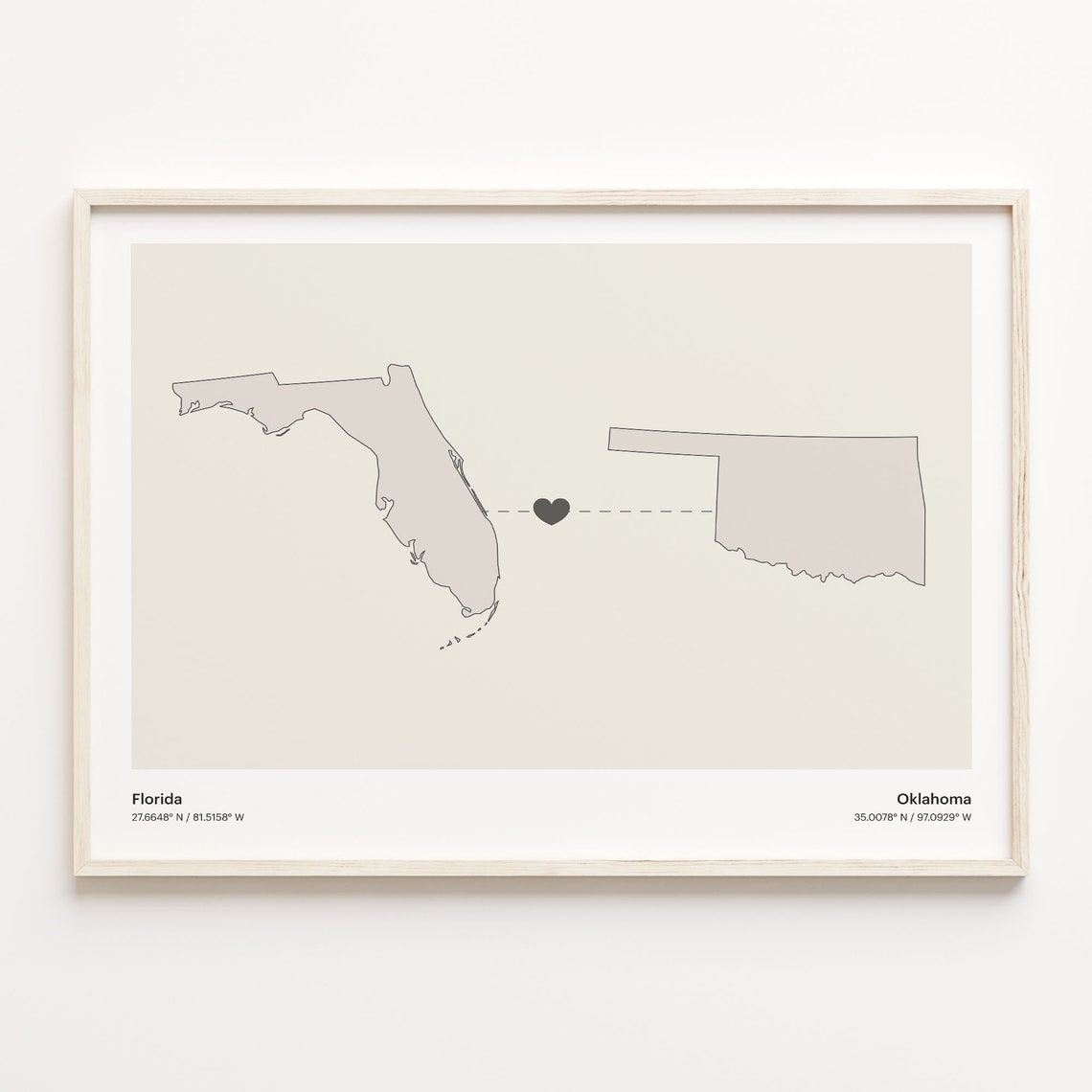 Florida To Oklahoma Long Distance Heart Map Couple Gift Poster