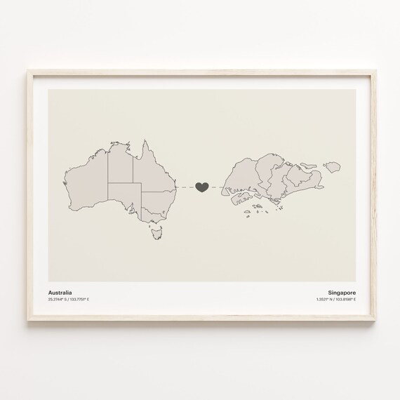Australia Singapore Long Distance Love Heart Minimalist Map Poster