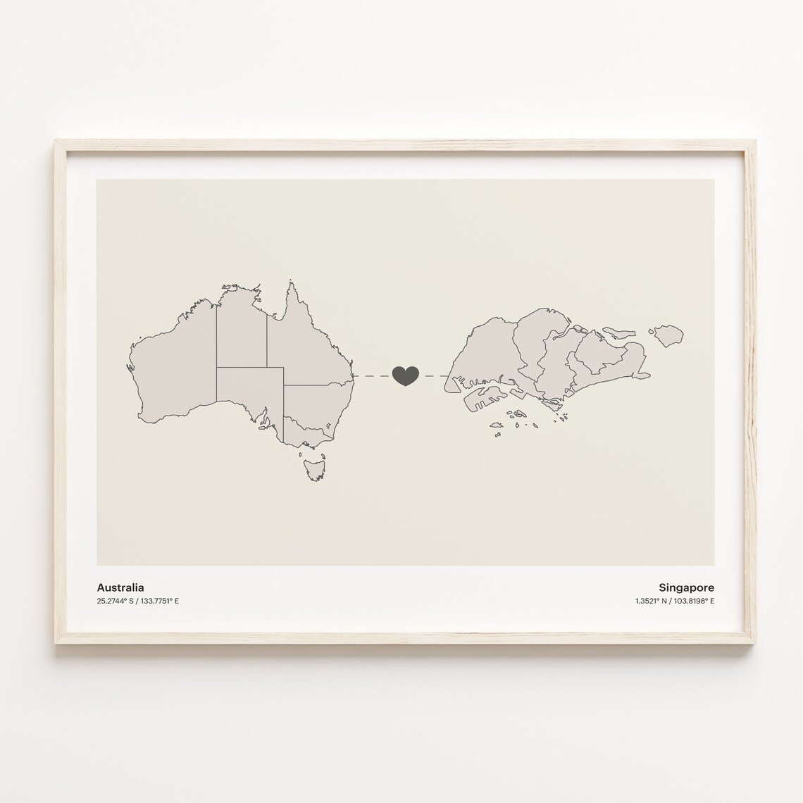 Australia Singapore Long Distance Love Heart Minimalist Map Poster