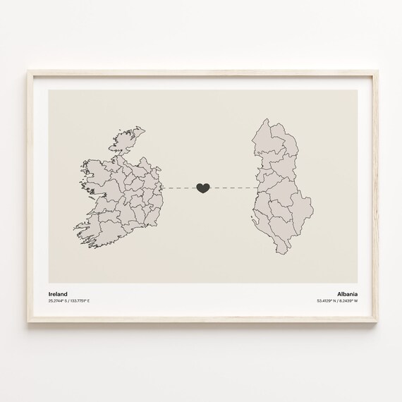 Ireland and Albania Minimalist Long Distance Heart Map Connection Poster