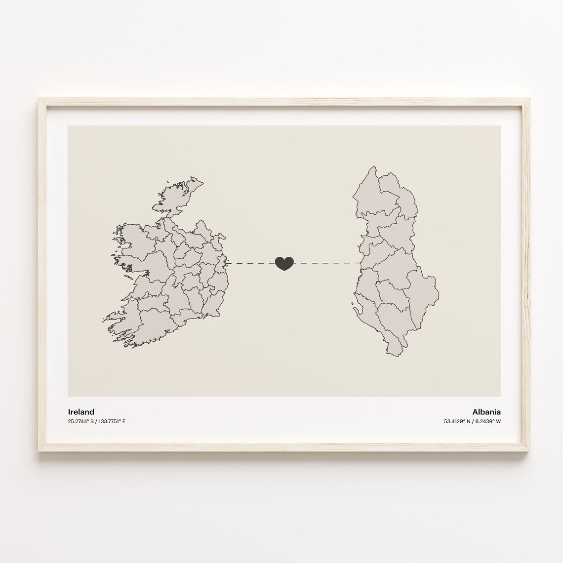 Ireland and Albania Minimalist Long Distance Heart Map Connection Poster