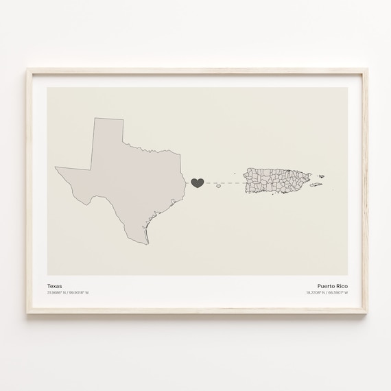 Texas and Puerto Rico Long Distance Heart Connection Map Poster