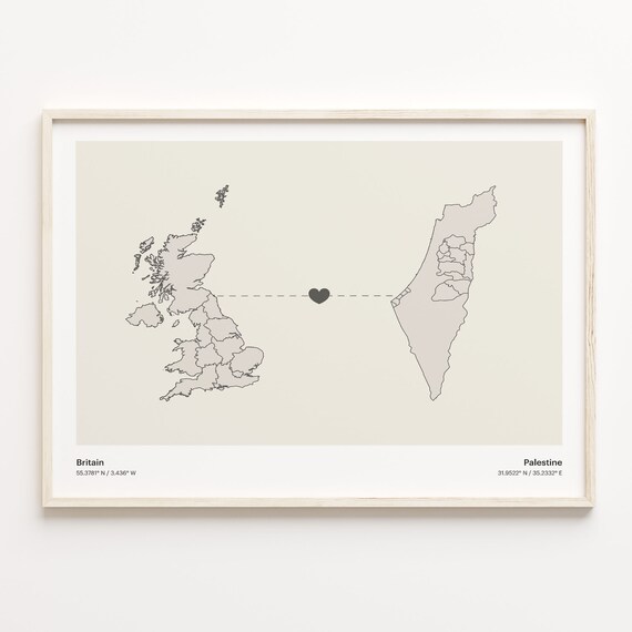 Britain Palestine Long Distance Heart Connection Map Gift Poster