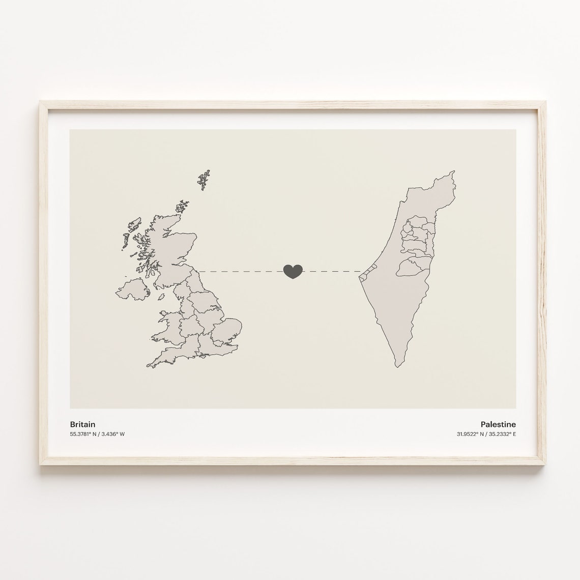 Britain Palestine Long Distance Heart Connection Map Gift Poster