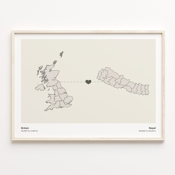 Britain To Nepal Heart Connection Minimalist Map Art Print Gift