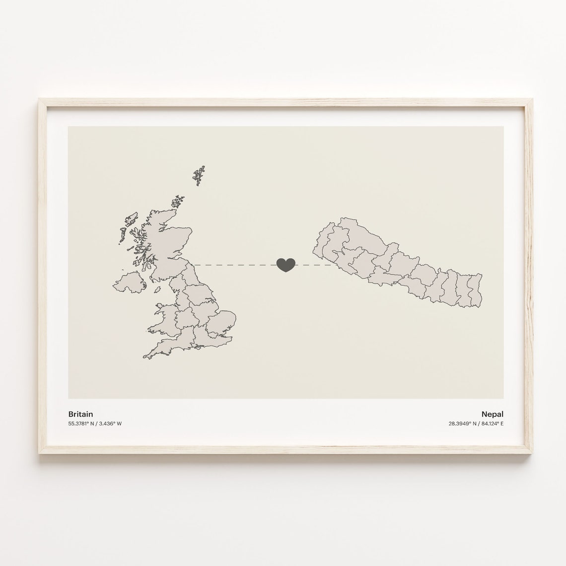 Britain To Nepal Heart Connection Minimalist Map Art Print Gift