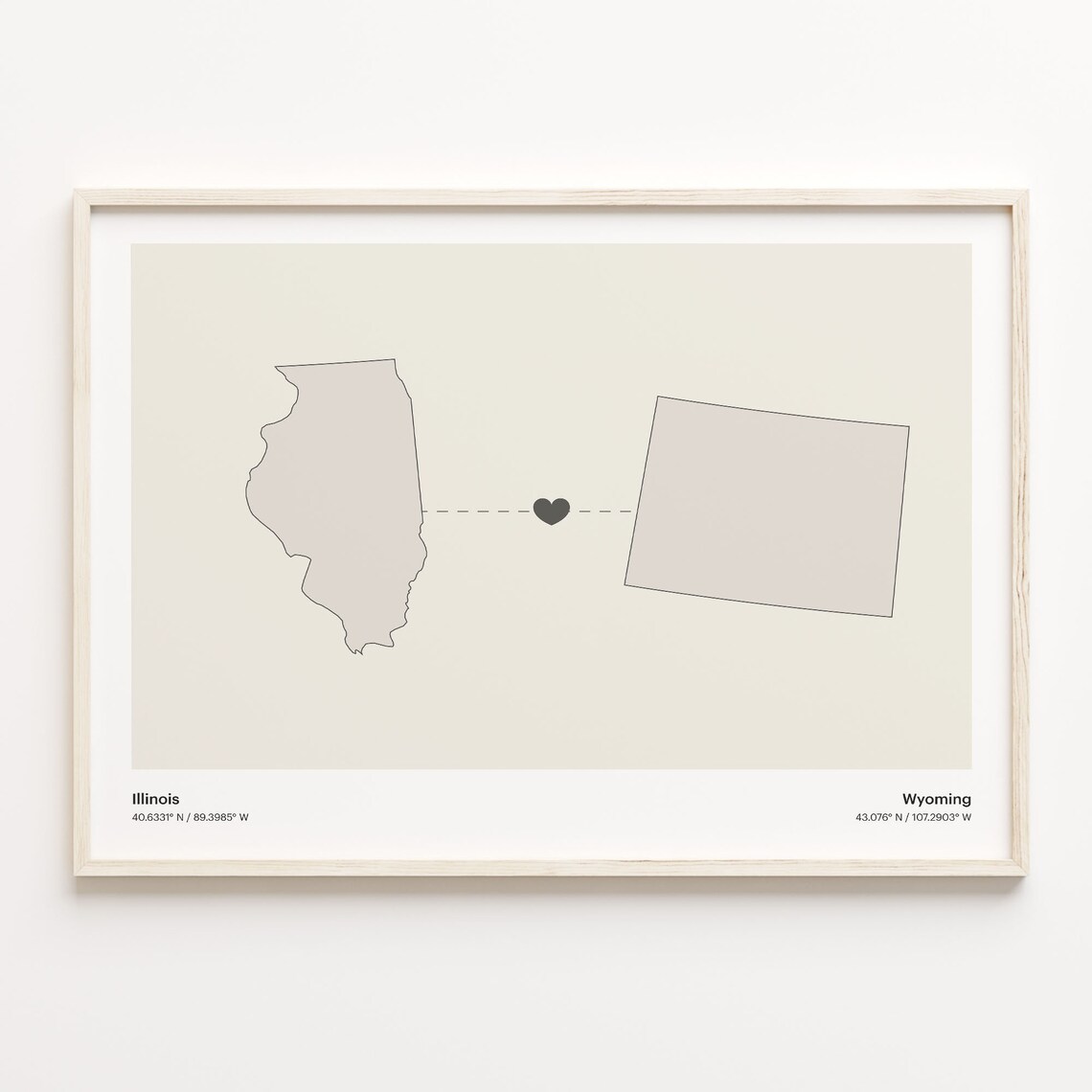 Illinois to Wyoming Minimalist State Long Distance Map Poster