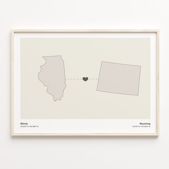 Illinois to Wyoming Minimalist State Long Distance Map Poster
