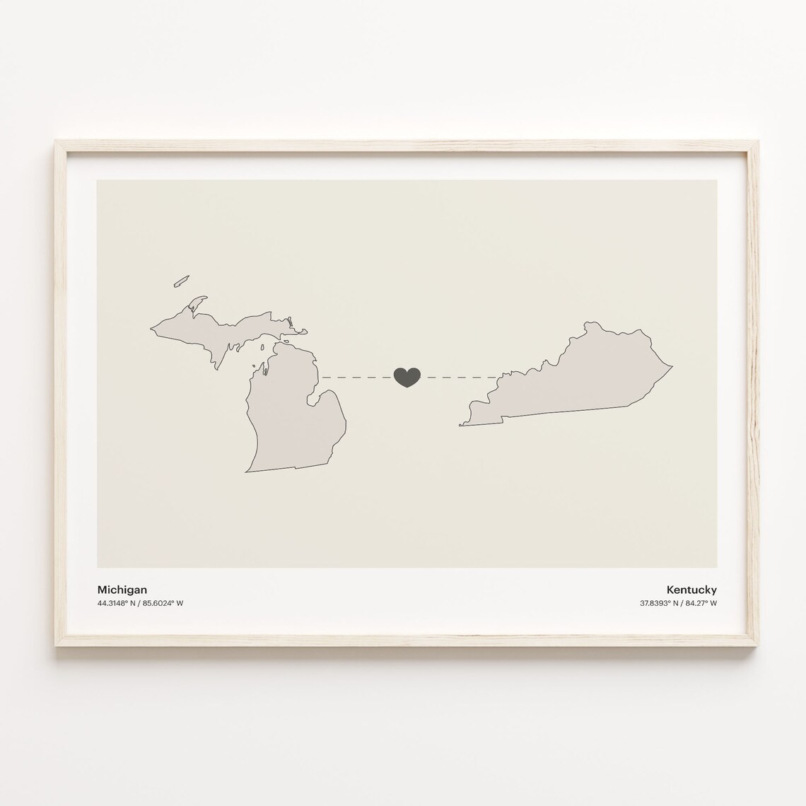 Michigan To Kentucky Minimalist State Connection Map, Art Print