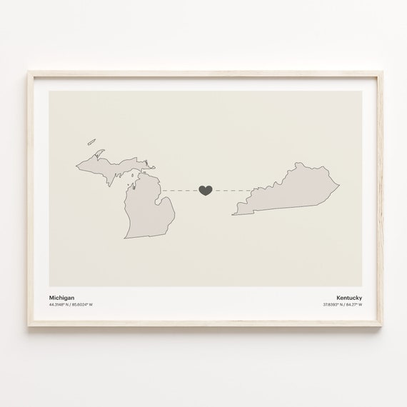 Michigan To Kentucky Minimalist State Connection Map, Art Print