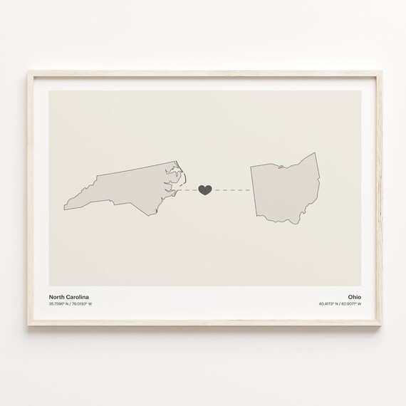 North Carolina to Ohio Minimalist Long Distance Connection Map Poster